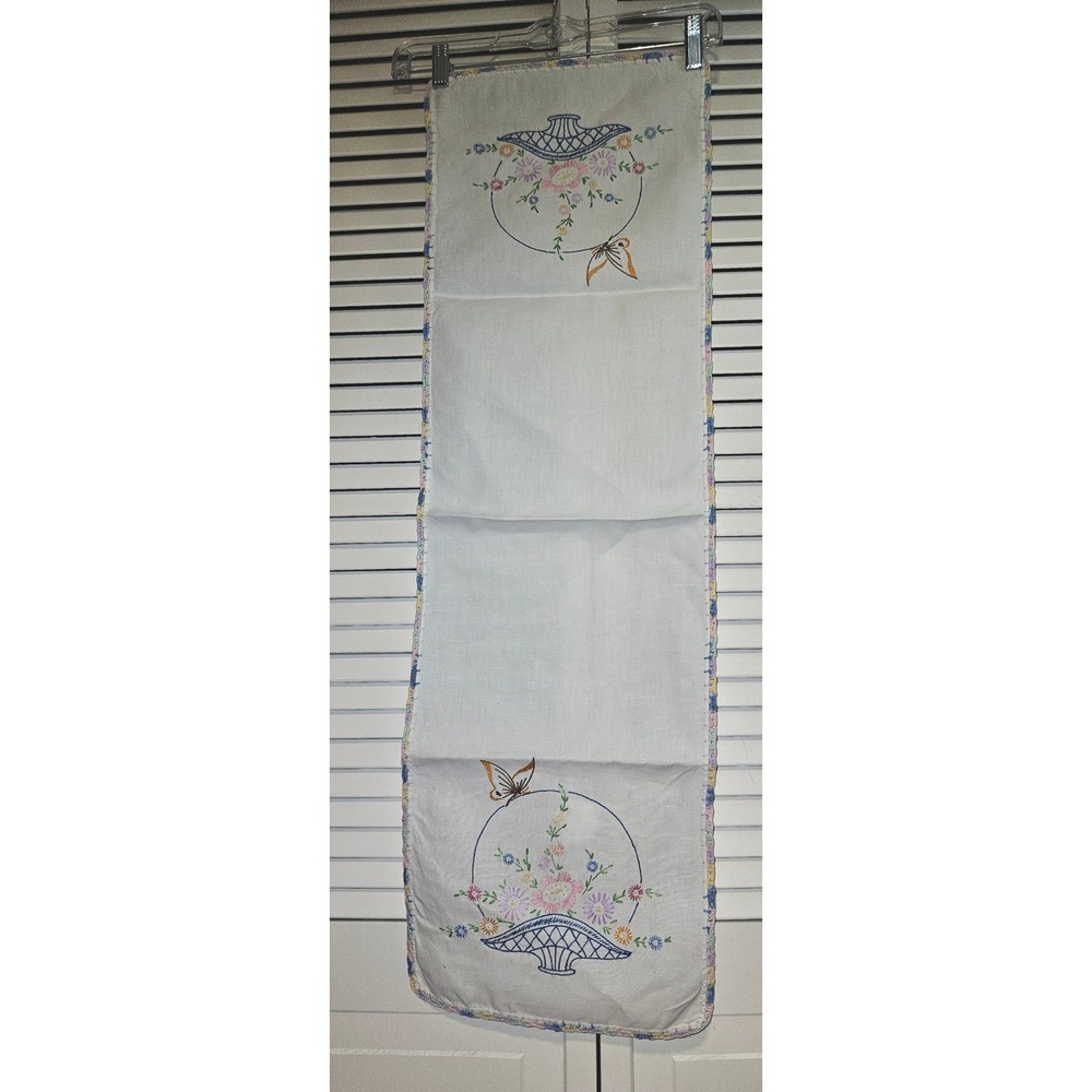 Vintage Hand Embroidered Linen Table Runner Floral Basket Butterfly Crochet Trim
